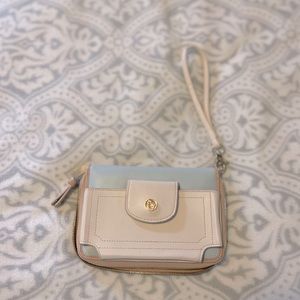Light aqua and beige wristlet.